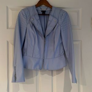 White House Black Market periwinkle moto jacket with silver hardware and peplum